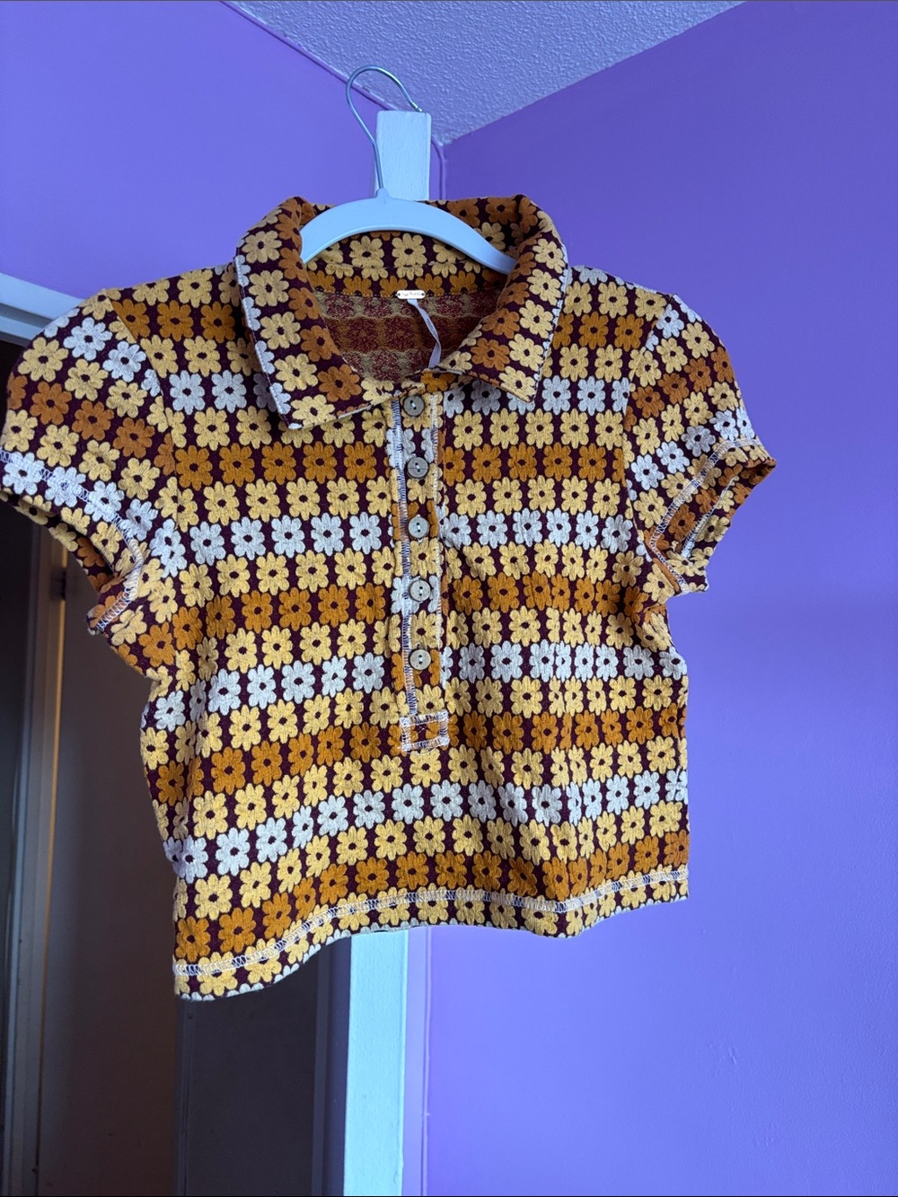Womens Yellow Floral Crochet look short sleeve shirt -Free People